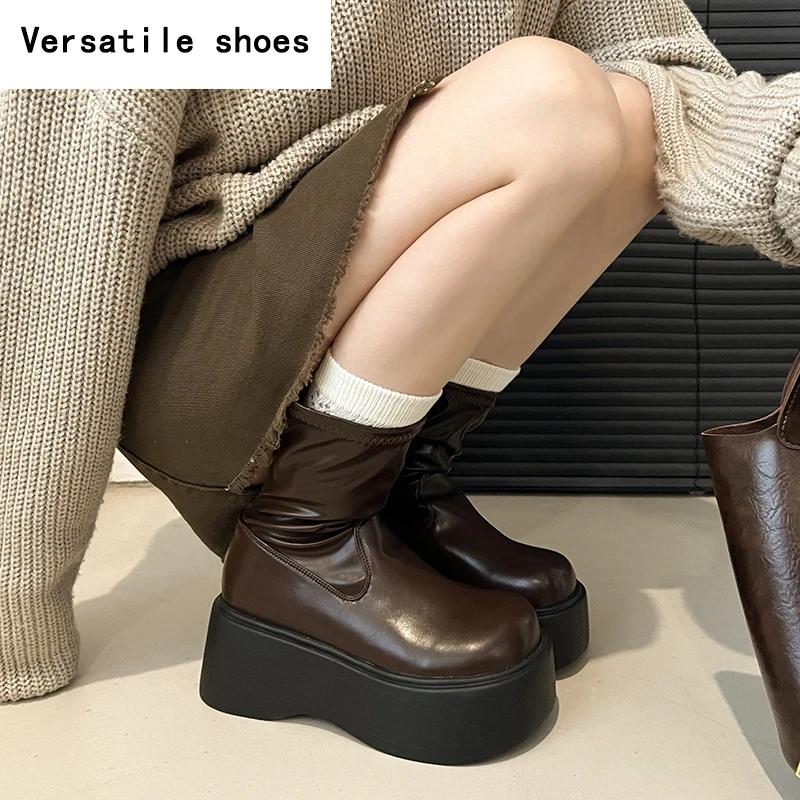 Vintage Winter Platform Flats Women Ankle Boots Fashion Slip On Short Booties Designer High Heels Botas De Mujer
