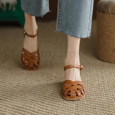 Ladies Shoes High Quality Retro Women's Sandals Roman Literary Style Hollow Female Shoes Summer Solid Heeled Sandals