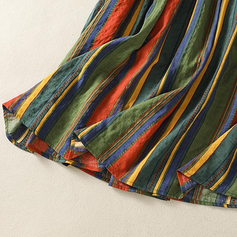 New Japanese Mori Girl Women Midi Skirt High Waist Colorful Striped Jupe Femme Longo Elegant Vintage Cotton Linen Skirts Womens