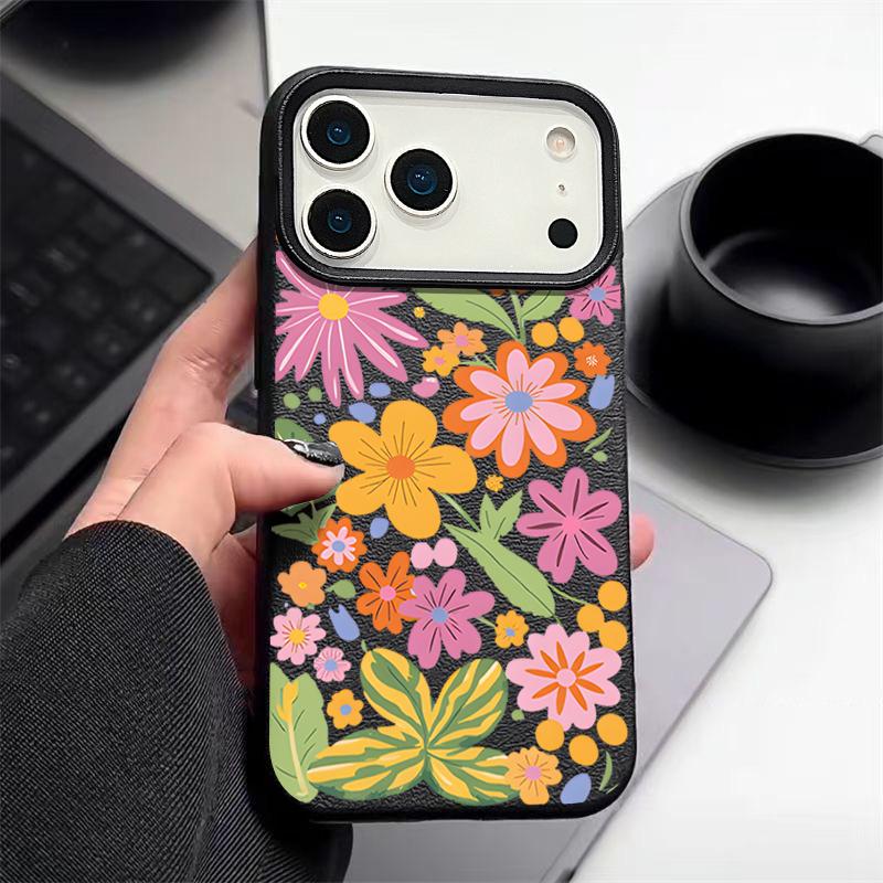 Soft Phone Case For iPhone Air 17 16 15 14 13 12 Pro Max 17 Pro 11 16e Cartoon Flowers Shockproof Leather Texture Silicone Cover