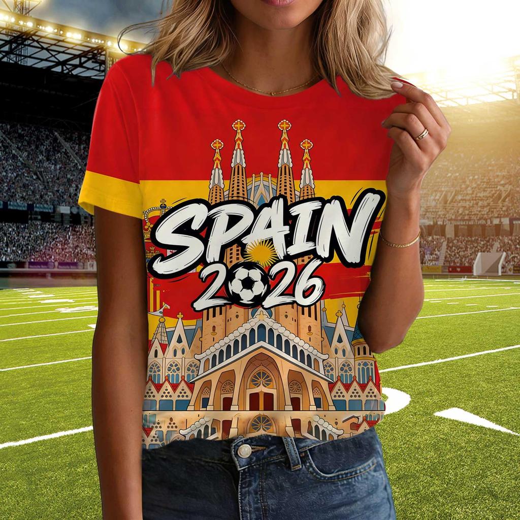 Women Casual Pullover T Shirt Short Sleeve Crew Neck Letter Print Top for Spain 2026 Soccer Support Fans