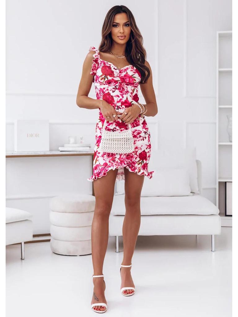 2026 Elegant European & American Ruffle Sleeveless V-neck Floral Bodycon Dress
