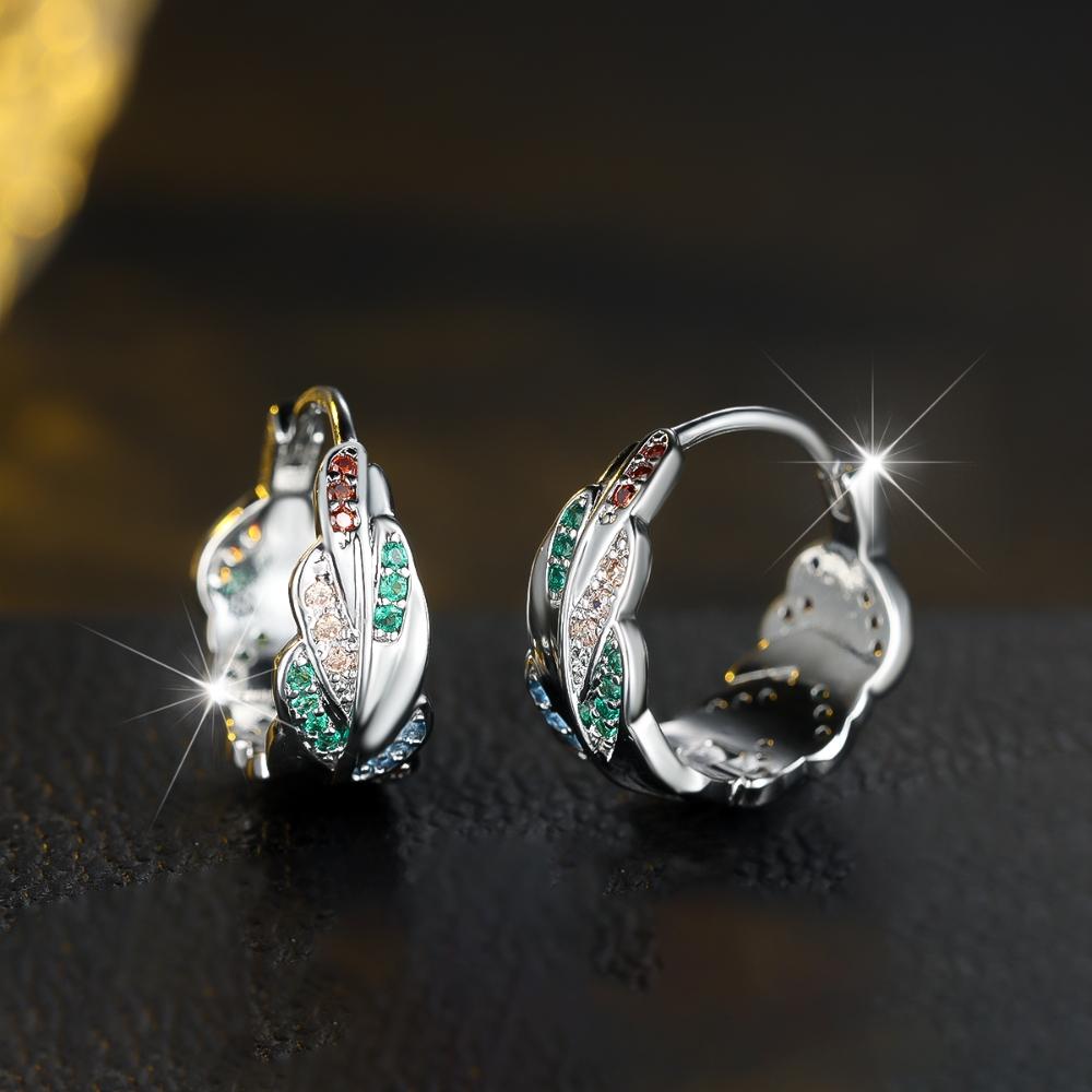 Fashion Rainbow Zircon Leaf Hoop Earrings for Women Silver Color Circle Earrings Trending Wedding Party Jewelry