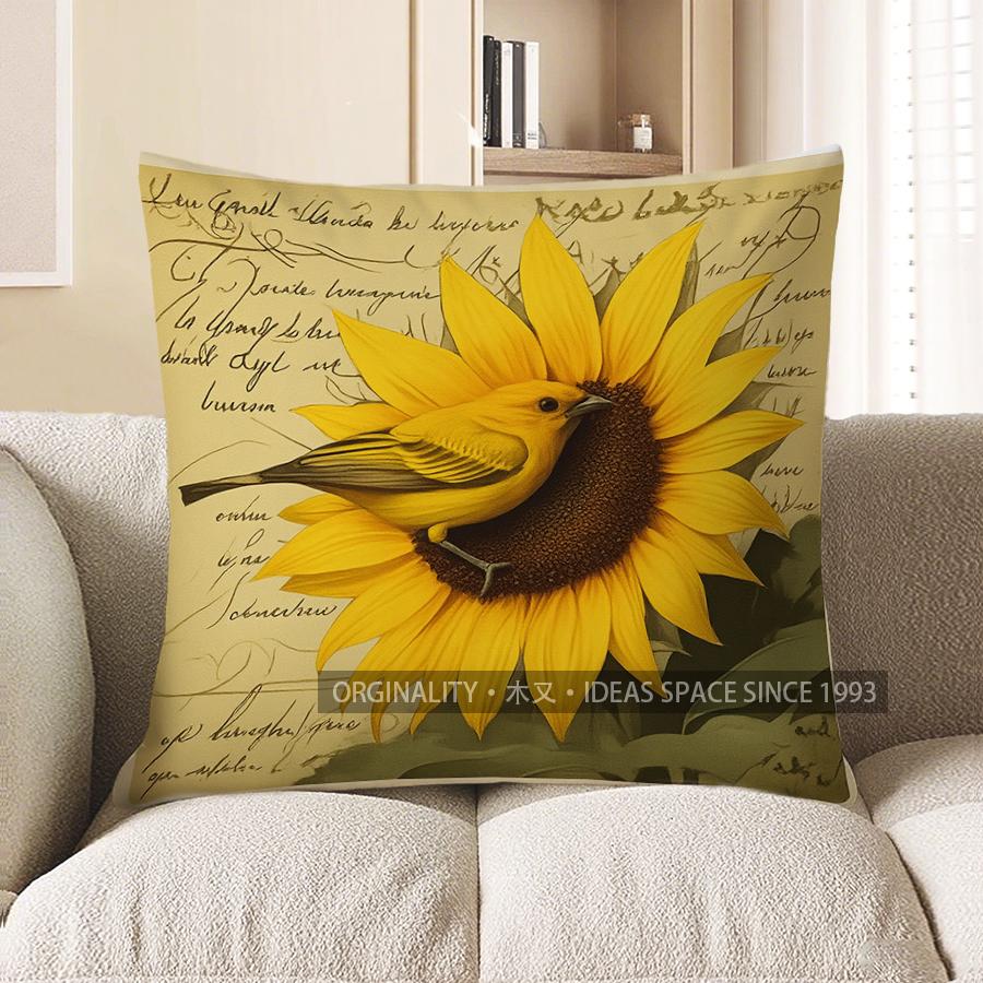 Home Decor Sunflower & Bird With Vintage Script Design Pattern Cushion Cover Suitable For Sofa Bedroom Car Pillow Cover