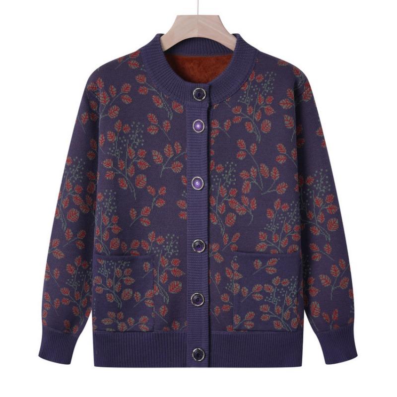 Mom autumn integrated fleece cardigan sweater jacket female grandma fleece knitted sweater autumn and winter top medium and old women's clothing