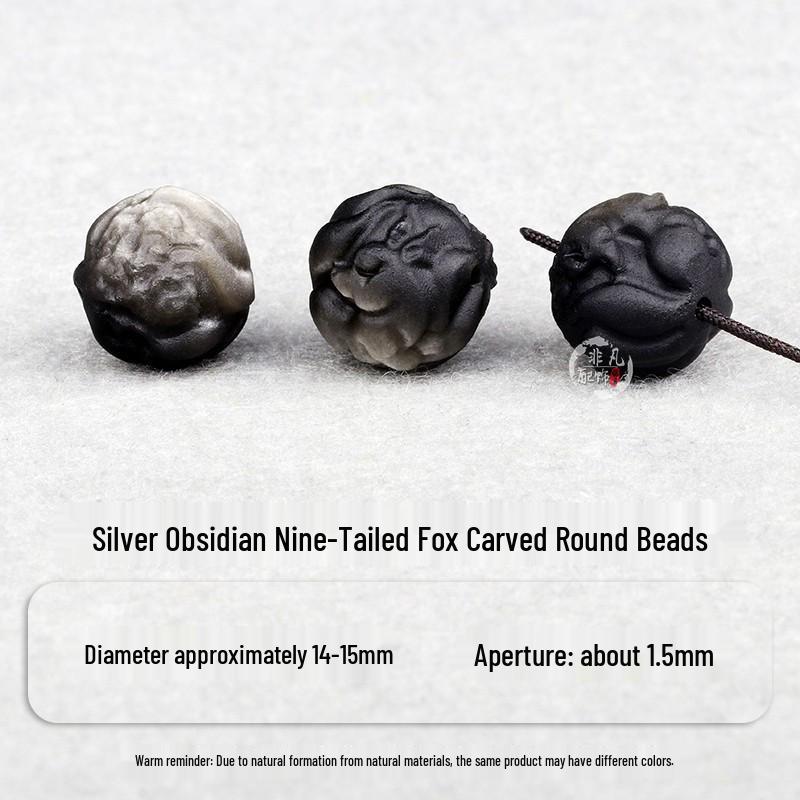 Silver Obsidian Ruyi Nine-Tailed Fox Moon Bracelet with Meteorite Beads