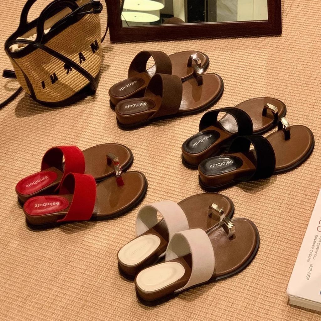 Sheepskin Version~ Genuine Leather Metal Buckle Cover, Inner Toe Height Increase, Soft Bottom One-word Slippers, Women's Summer Fashion Versatile Be