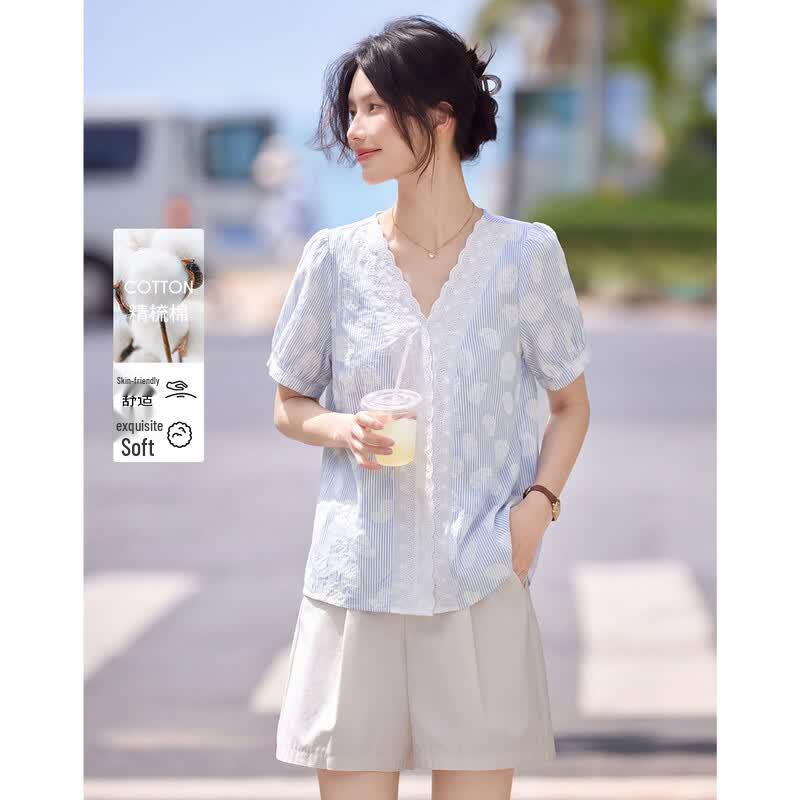 French Striped Lace Patchwork V-Neck Short Sleeve Top M