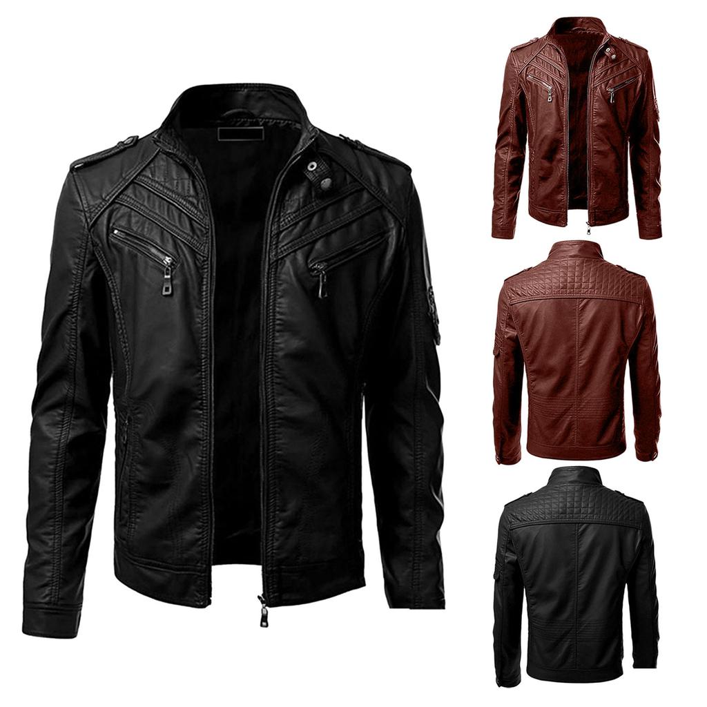 Winter Men's Casual Stand Collar Motorcycle Leather Jacket Coat