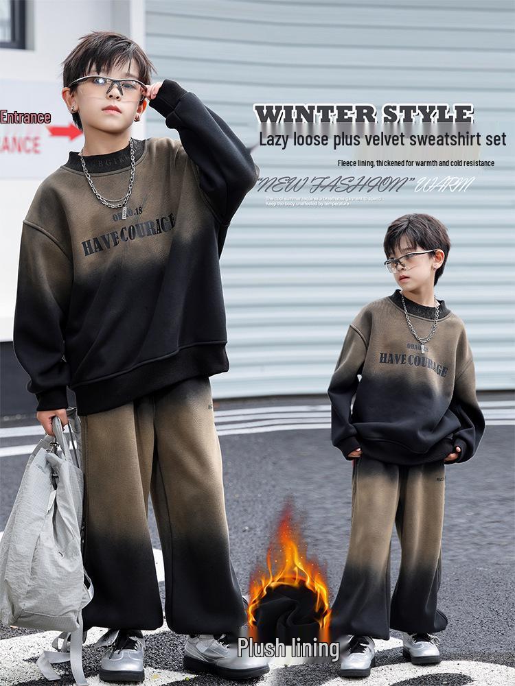 Trendiges Retro Kinder Fleece Sweatshirt & Hosen Set - Warmes Herbst/Winter Zweiteiler für Jungen