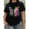 Women 180g Pure T-Shirt Black White Butterfly Floral Print Round Neck Short Sleeve Loose Lightweight Breathable Summer Casual Machine Washable Top
