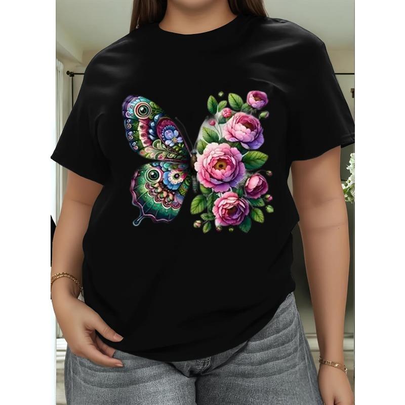 

Женская футболка 180 г Чистый хлопок Черно-белый Принт Бабочка и Цветы Круглый вырез Короткий рукав Свободный Легкий Дышащий Летний Повседневный Машинная стирка Топ S чёрный