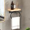 Solid Wood Bathroom Wall Shelf with Towel Ring and Hooks, No Drill Adhesive Mounted Storage Rack for Shower, Toilet, Kitchen