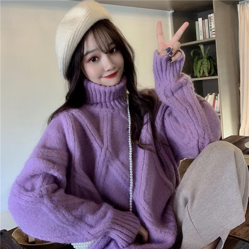 

Осенне-зимний женский вязаный свитер с высоким воротом, свободный, корейская мода 2024 года, новые утолщенные топы с длинным рукавом, повседневный простой пуловер, одежда 2118 One Size фиолетовый