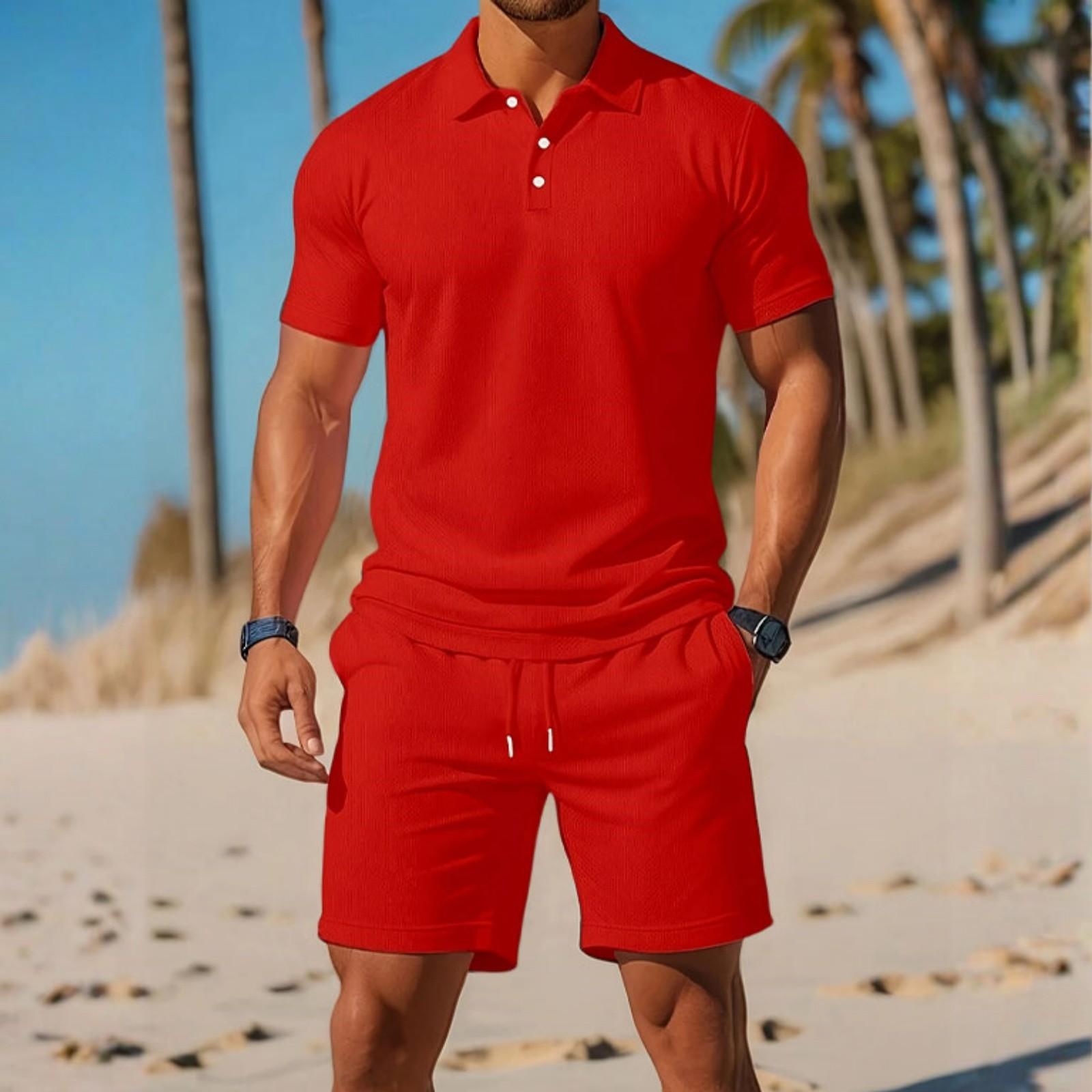 

Men s Casual Set Loose And Breathable Short-sleeved Shirt And Vacation Shorts Solid Color Quick-drying Men s Two-piece Set XL червоний