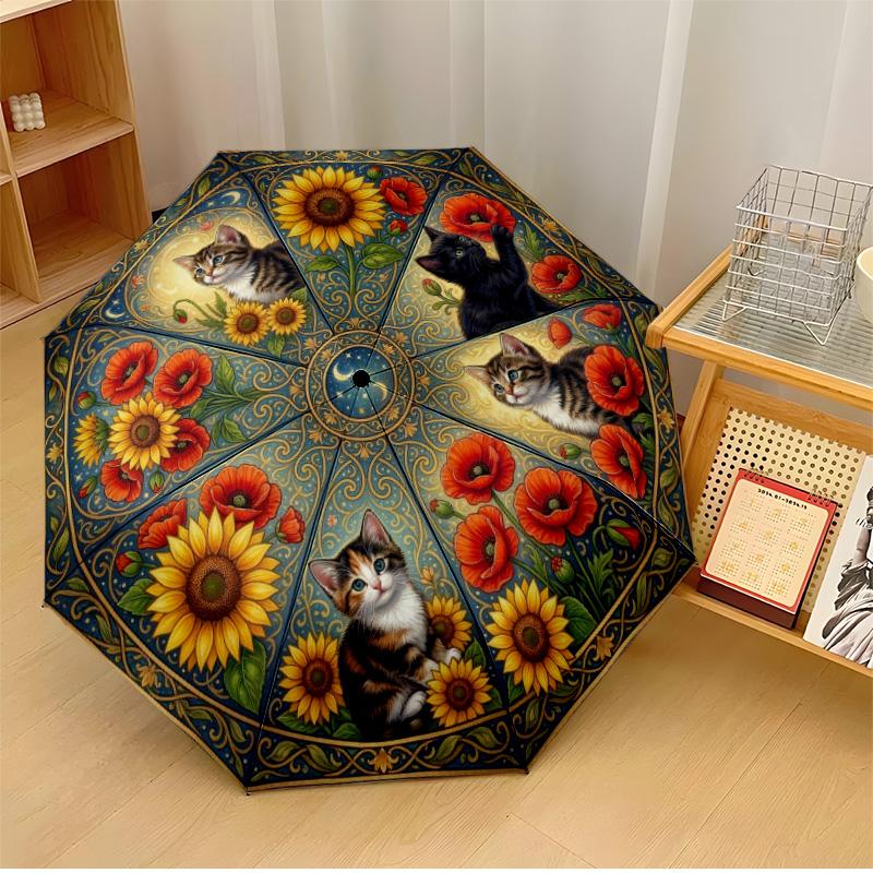 

Kitten with Lilacs Theme Automatic Umbrella Compact 8-Rib Design Sturdy Construction Durable Umbrella Stylish Accessory