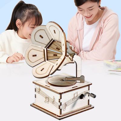 1 Set DIY Retro Gramophone Model Kit Handmade Wooden Puzzle Hand-cranked Phonograph Building Crafts Record Player STEM Project Kids Educational Toy