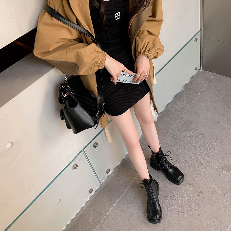 Krazing Pot Cow Leather Winter Shoes Thick Med Heels Handsome Lace Up British School Platform Women Ankle Boots