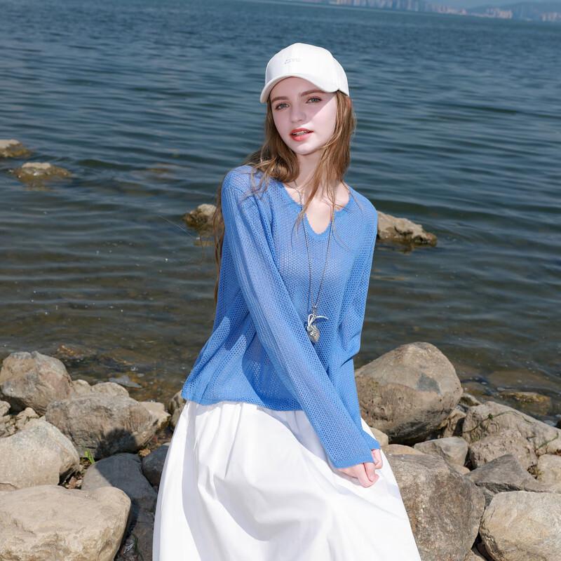 Sancai Women's V-Neck Drop-Shoulder Hollow Knit Sweater