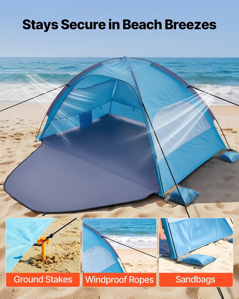 VEVOR Beach Tent Sun Shelter for 3 Person, UPF 50+ Protection, Portable Sun Shade Canopy with Carrying Bag & Sand Pockets