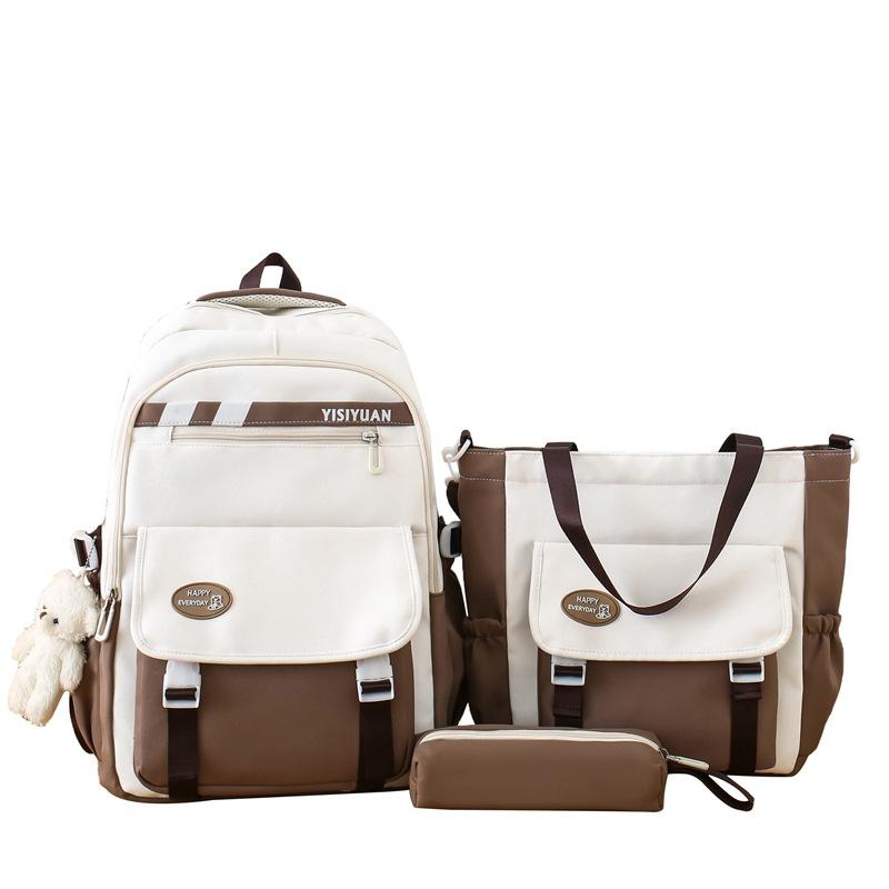 

School bag student school bag female large capacity middle and high school student backpack contrasting color campus school bag four-piece set tide коричневий