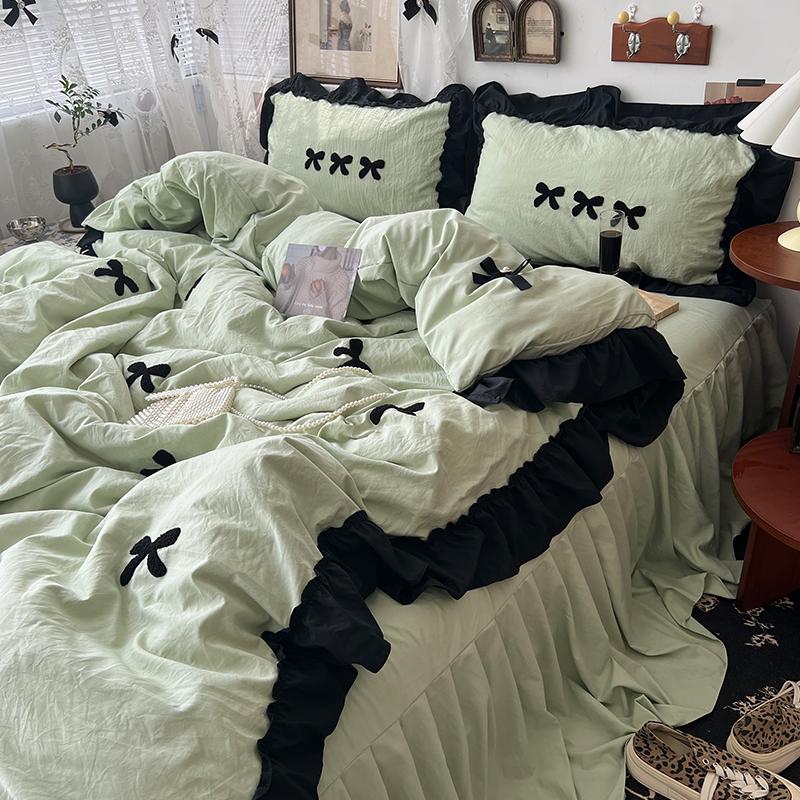 Korean Princess Style Kawaii Girl Black Bow Bedding Set Skin-friendly Soft Duvet Cover Set Bed Sheet Or Bed Skirt Pillowcases