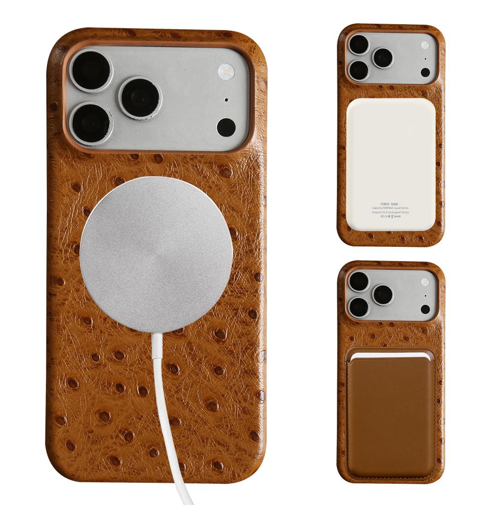 For Magsafe Ostrich Genuine Leather Case For iphone 17 Pro Max Air 17e 16 16e 15 14 Plus 13 Mini 12 11 Back Cover Cases Coque