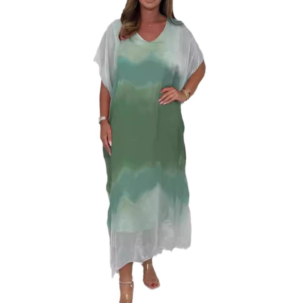 Long Sleeveless V-Neck Loose Fit Maxi Dress with Abstract Tie-Dye Print In Black, Gray, and Beige