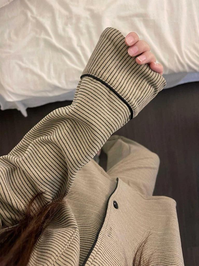 Velvet Striped Cardigan Pajama Set for Women - Autumn/Winter 2025 Collection