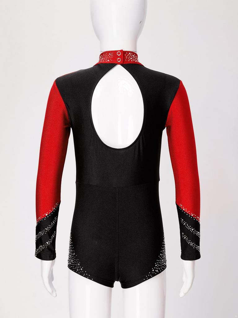 Kids Girls Stylish Clothing Long Sleeve Stand Collar Shiny Rhinestone Decor Contrast Color Gymnastic Dance Jumpsuit
