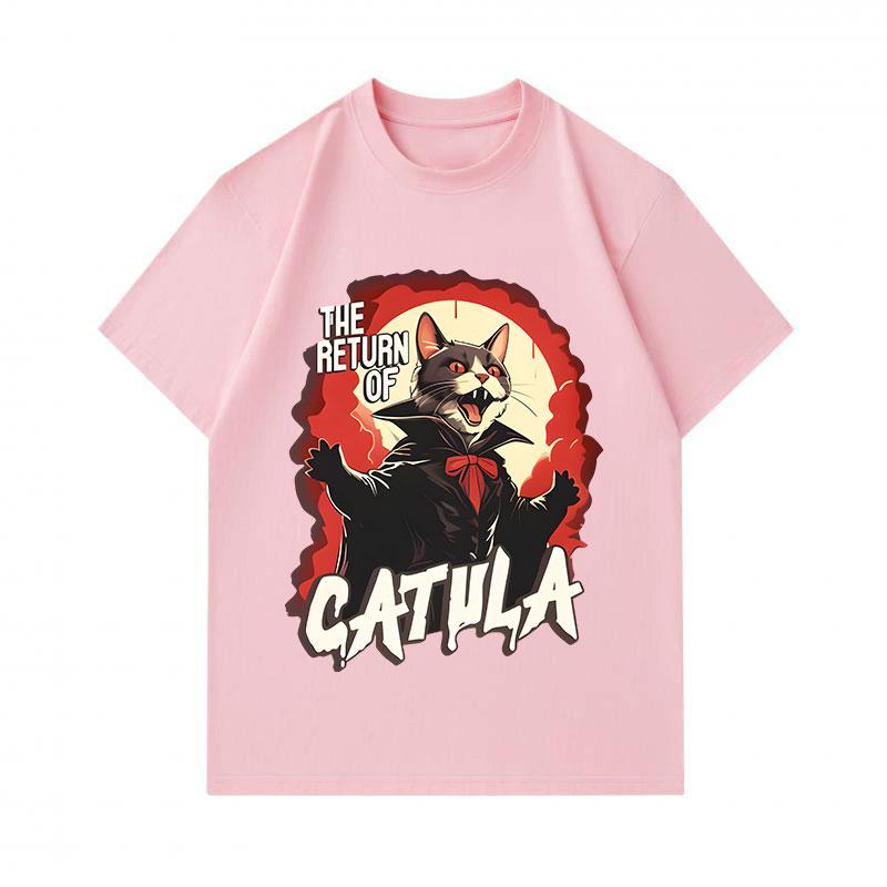 Men's 100% Cotton Crew Neck Short Sleeve T-Shirt, The Return of Catula Vampire Cat Print Casual Halloween Costume Top for Daily Wear