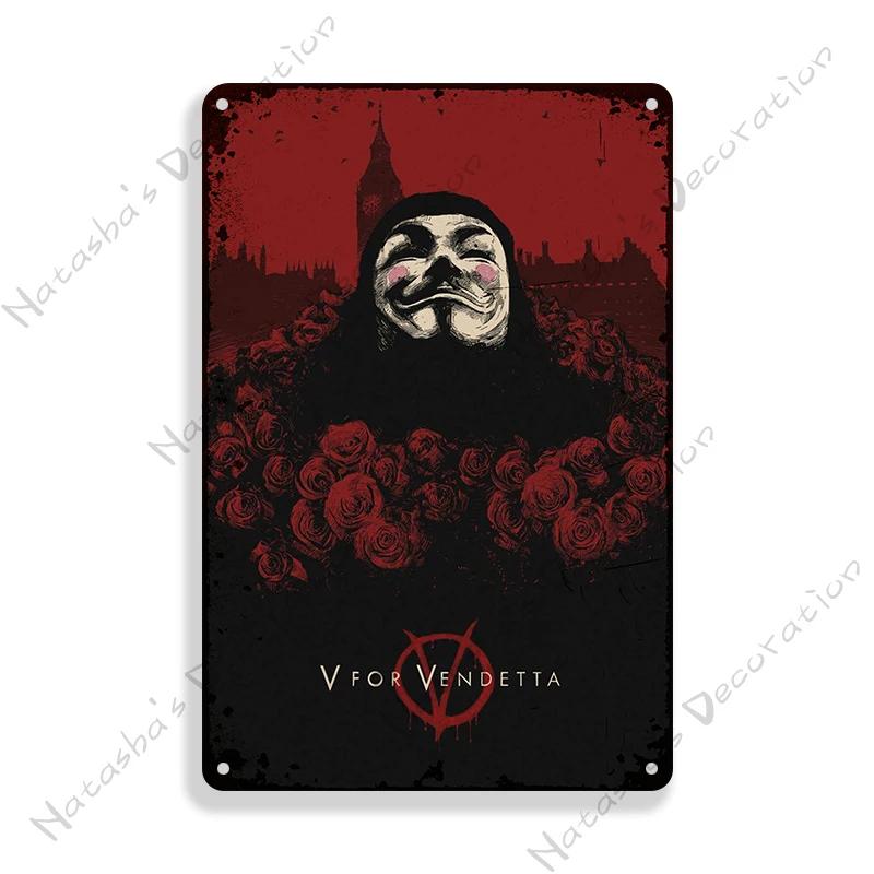 V for Vendetta Classic Movie Decorative Plate Metal Plate Vintage Poster Metal Tin Sign Cafe Garage Wall Decor Metal Plaque
