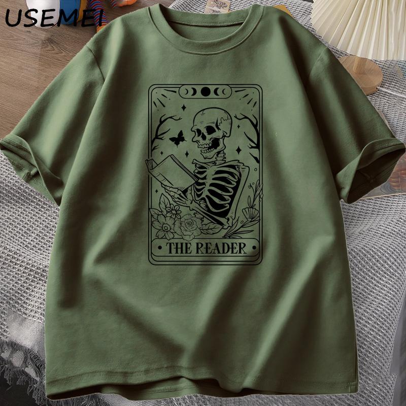 The Reader Tarot Card TShirt Skeleton Reading T Shirt Summer Cotton Book Lover Bookish Tshirt Unisex Women Unisex Oversized Tees