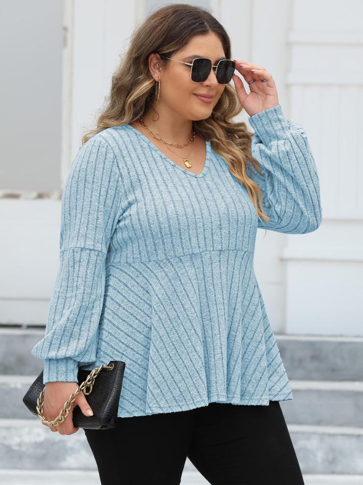 

Пуловери великих розмірів. Жіночий одяг. Весна-осінь. Смугасті світшоти з V-подібним вирізом для повних жінок. Однотонні футболки з довгим рукавом. Жіночі топи великого розміру. 3XL небо синє кольору