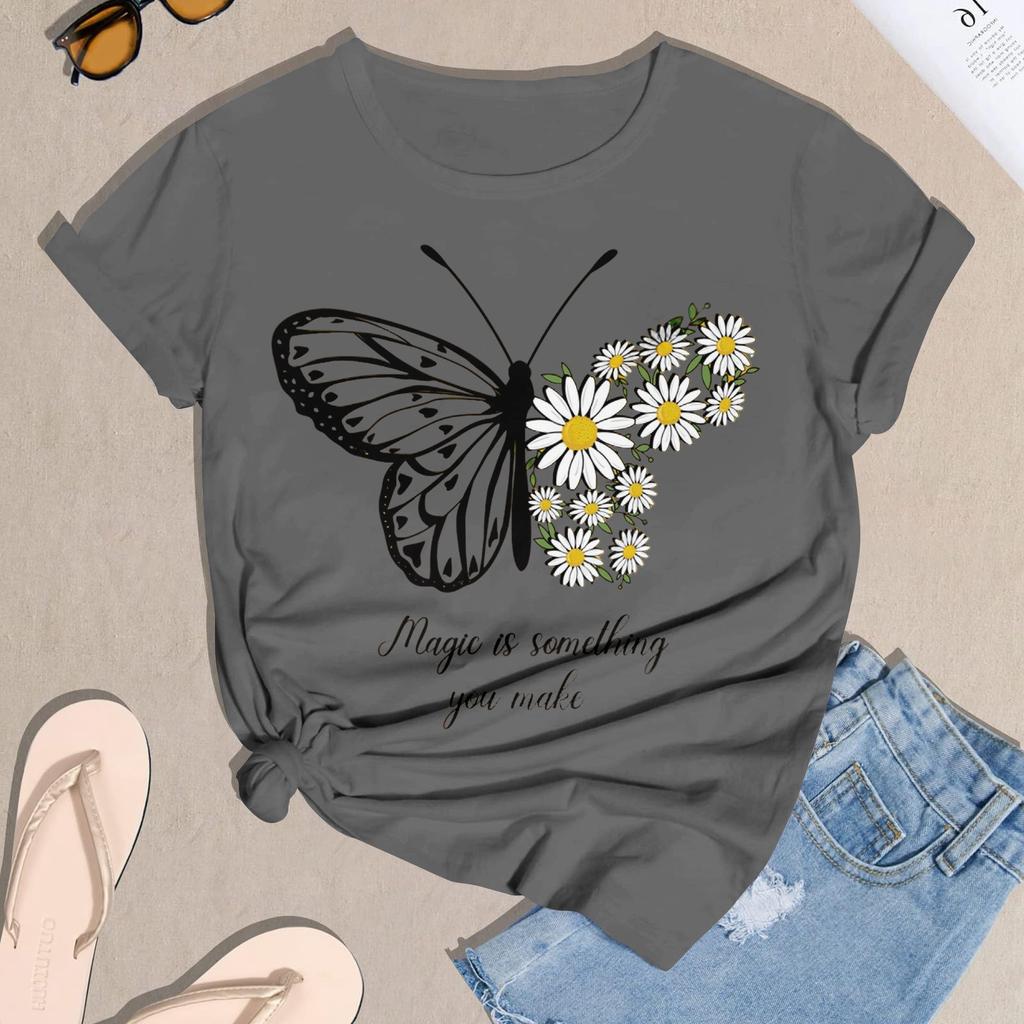 Dámské ležérní tištěné tričko s kulatým výstřihem, svetr s krátkým rukávem