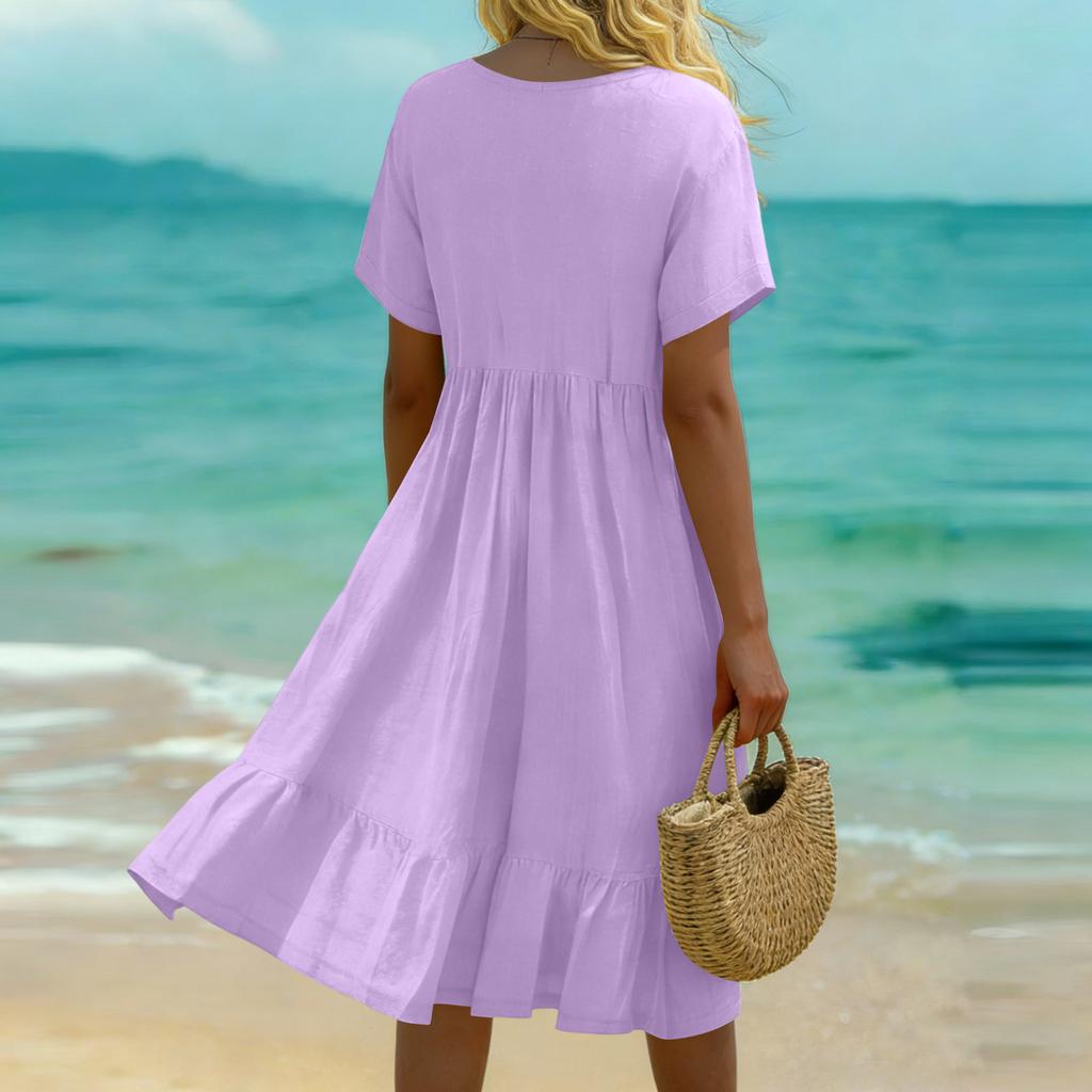 Omens Mode Farbe Kurzarm Baumwolle Leinen Patchwork Faltenkleid