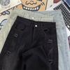Mens Relaxed Fit Straight Leg Denim Jeans With Distressed Wash Mud Dye Effect Mid Rise Casual Pants