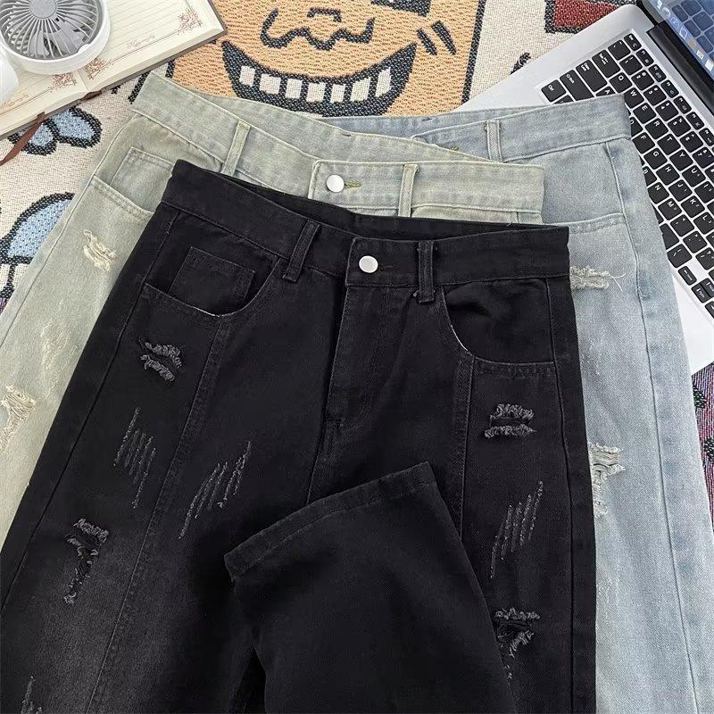 Mens Relaxed Fit Straight Leg Denim Jeans With Distressed Wash Mud Dye Effect Mid Rise Casual Pants