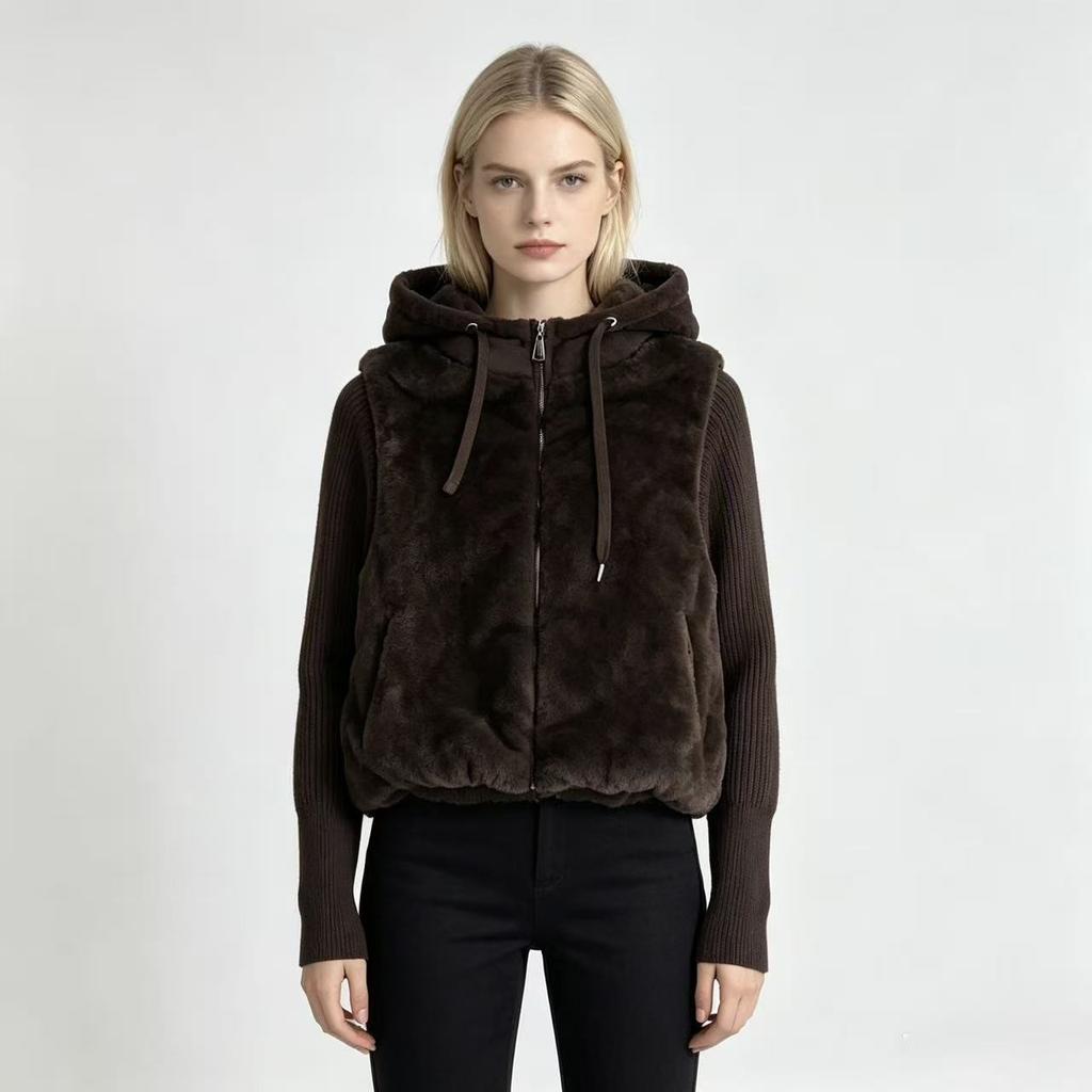 Fake two-piece knitted splicing sleeves imitation mink short jacket women's small cotton jacket
