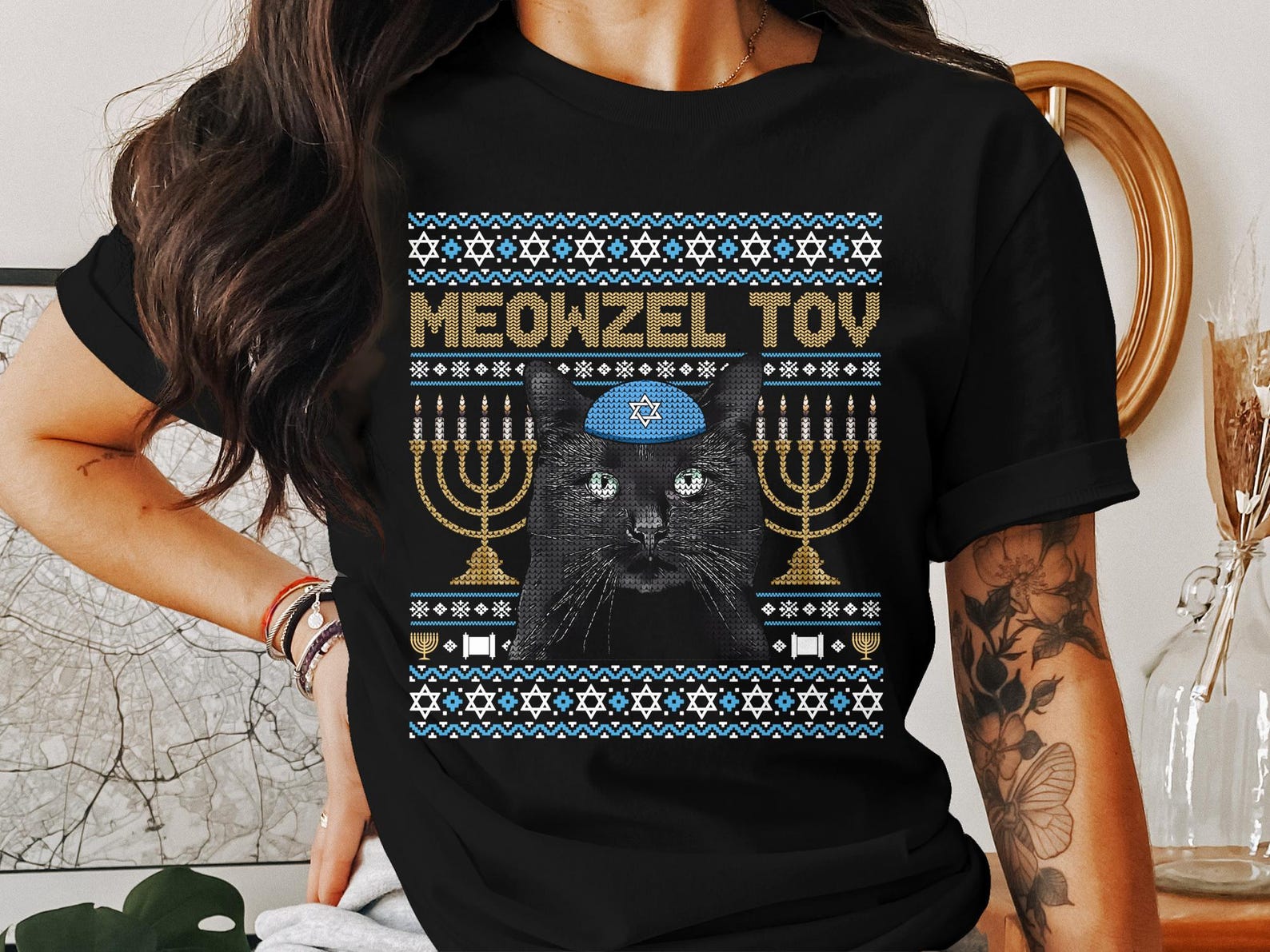 Funny Meowzel Tov Cat Hanukkah T-Shirt, Jewish Holiday Tee Cute Black Cat Menorah, Purrrfect Hanukkah Gift, Unique Hanukkah Shirt 2XL