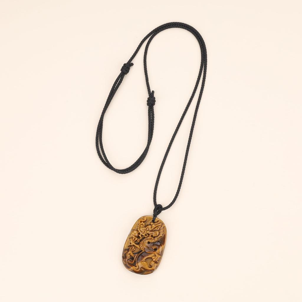Dragon Carving Tiger Eye Power Stone Necklace Plate Pendant for Men Enhances Wealth and Protection Against Evil Spirits [COAI] -