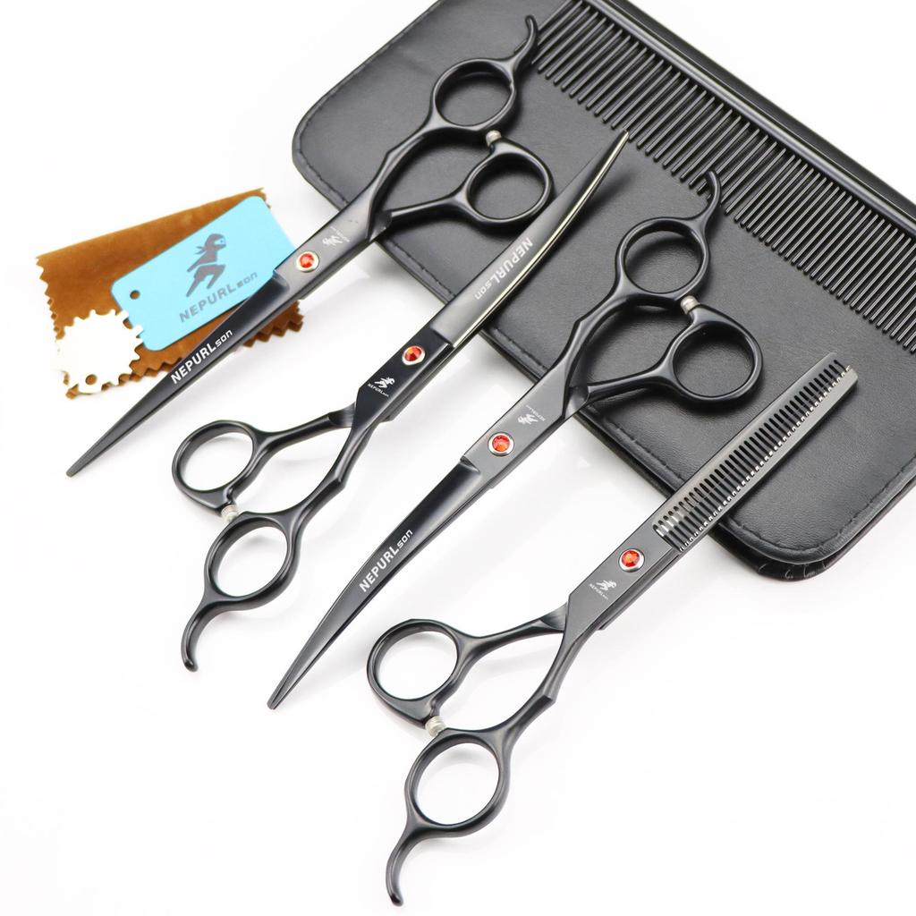 7.0" Black Grooming Scissors Set: 4-Piece Straight Shears with Comb