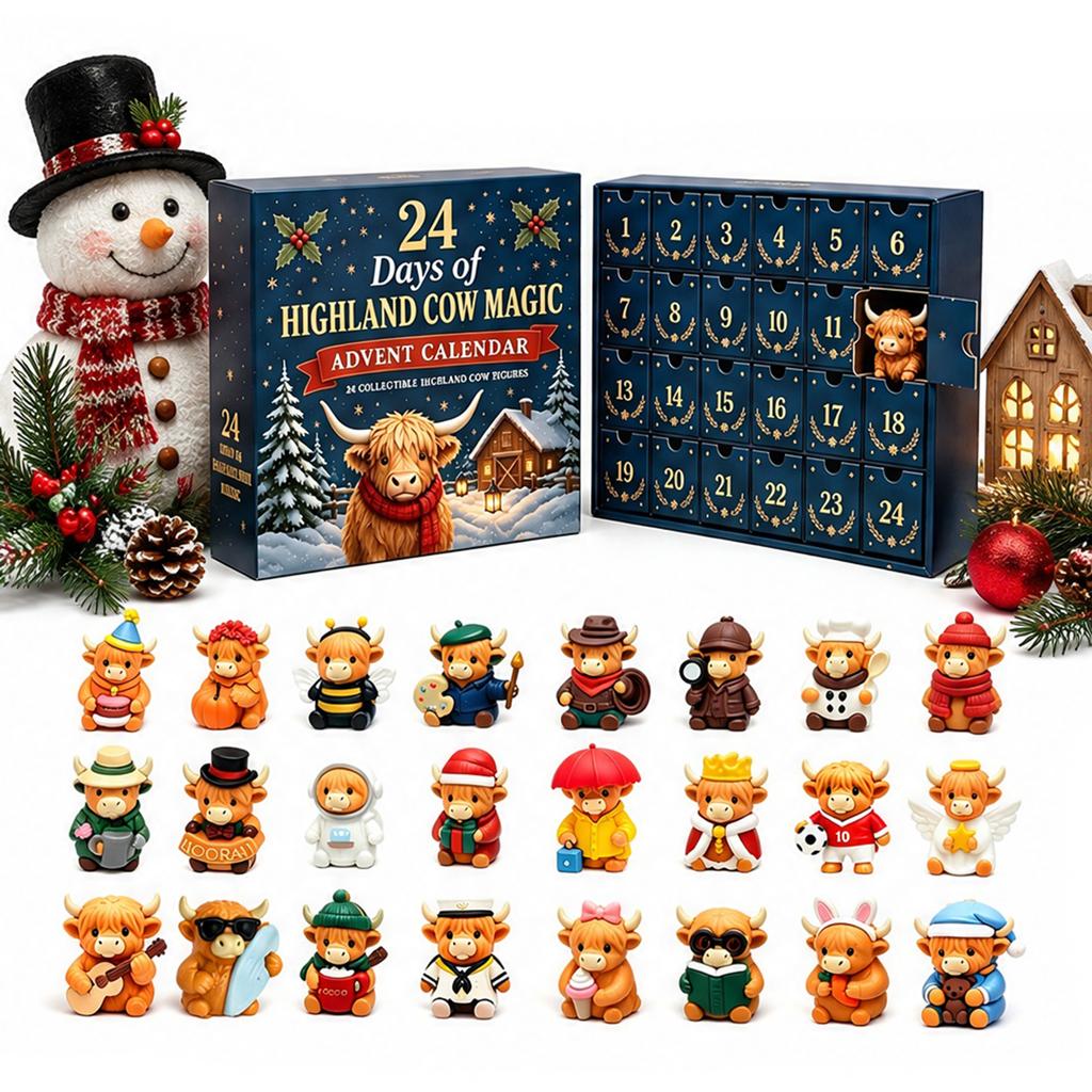24 Mini-Hochlandrinder-Figuren Adventskalender 3D Sammlerstück Weihnachten Countdown Feiertagsgeschenk
