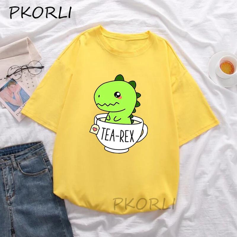Cute Tea-Rex T-Shirt Women Funny Cartoon Dinosaur T Shirt Female Cotton Short Sleeve Kawaii Clothes Dino Tea Graphic Tee Shirt