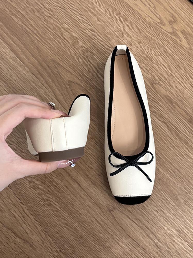 Schafslederversion~ Leder Französische kleine Innenhöhenerhöhung Ballett Einzelschuhe Damen Retro Schleife Ein Pedal Einzelschuhe