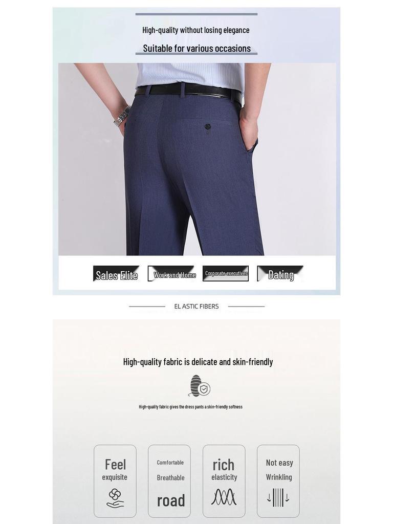 Men's Summer Mulberry Silk Dress Pants: Double Pleated, Loose Fit, Straight Leg, High Waist, Deep Crotch.