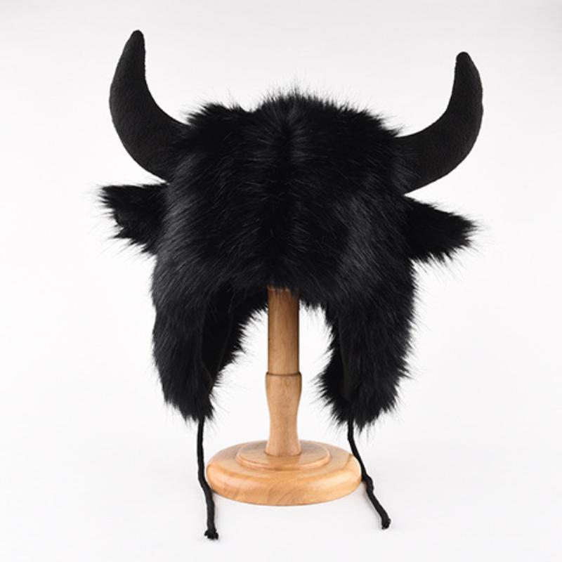 Sombrero Unisex de Búfalo Bisonte Peludo con Cuernos Grueso Cortavientos Cálido Divertido para Regalos de Vacaciones Invierno Uso Diario