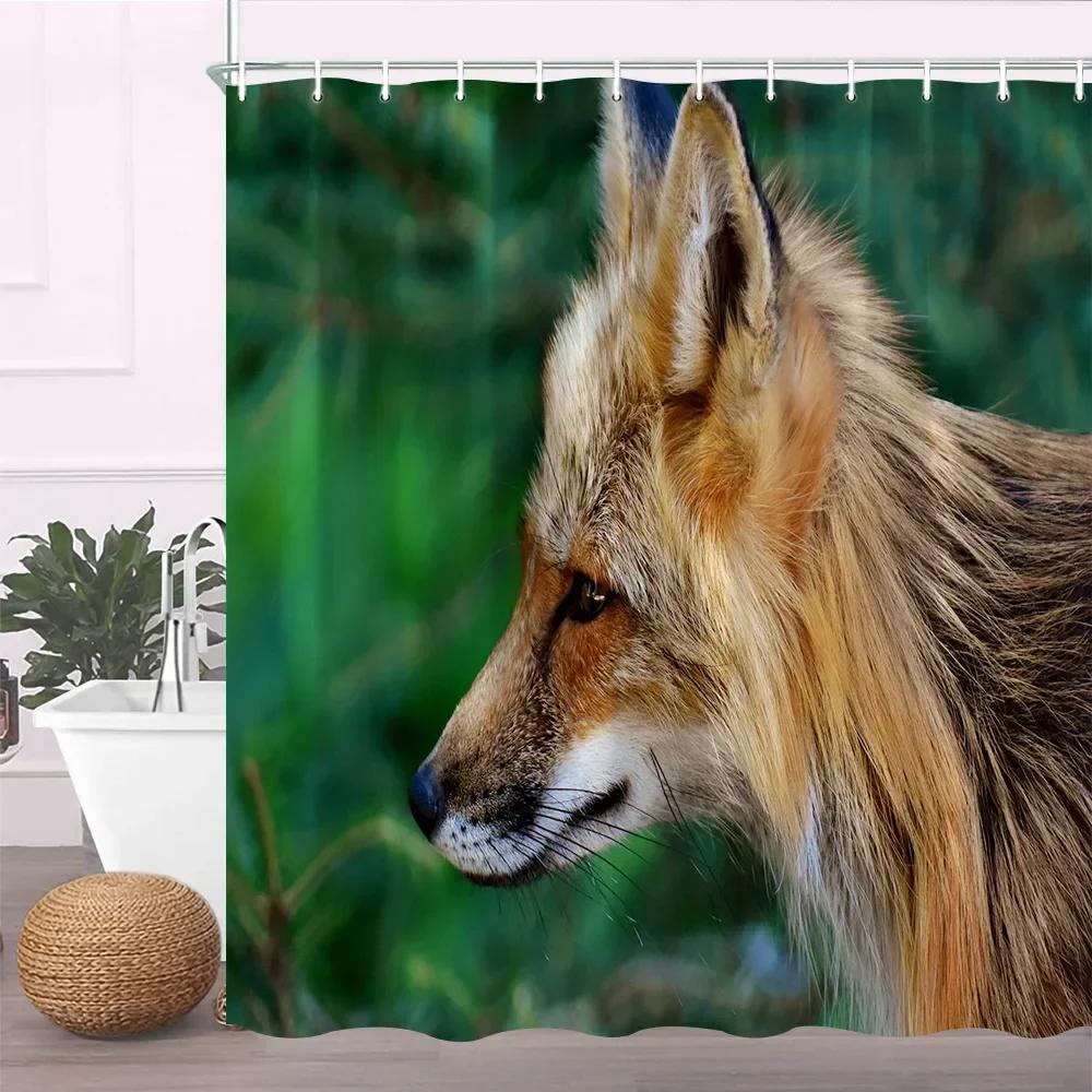Painting Animal Lover Fox In The Forest Shower Curtain,Rustic Lodge Forest Hunting Bathroom Decor Wild Animals Bathroom Curtains