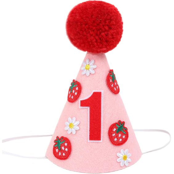 Sweet One Floral and Strawberry Birthday Crown for Girls - 1st Birthday Decoration Hat