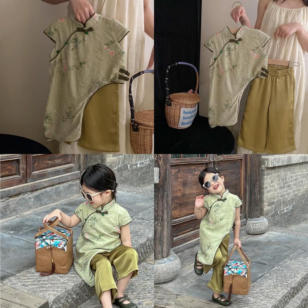 Elegant Chinese Style Summer Outfit For Girls Featuring Beautiful Floral Qipao Top And Stylish Pants Set For Ages 3 To 8 Years